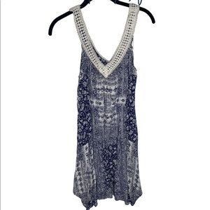 Blue patterned dress with neck strap detailing